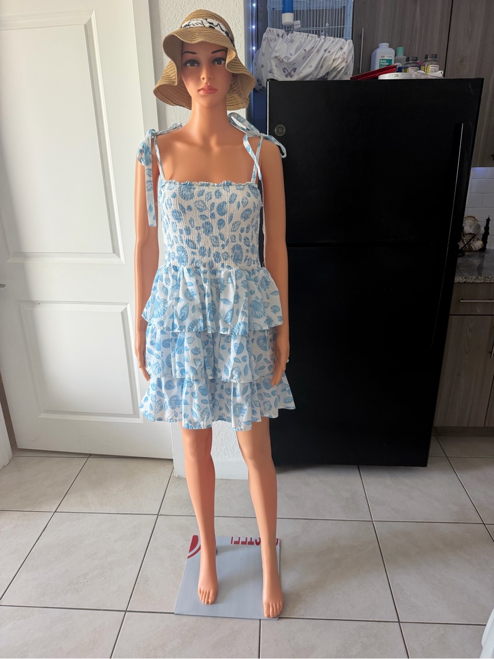 Blue Floral Smocked Mini Dress with Tie-Strap Shoulders